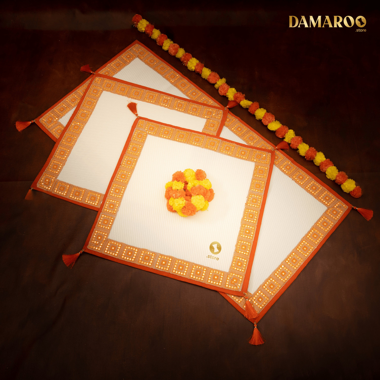 Damaroo Combo Pack of 3 | Artisanal Nylon Pooja Aasan & Mat | Kesariya Trim & Tassels - Cream - 2x2 ft & 2x4 ft