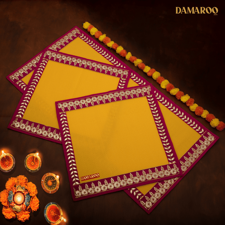 Damaroo Combo Pack of 3 | Regal Nylon Pooja Aasan & Mat | Pink Sequins & Gotapatti Border - Mango Yellow - 2x2 ft & 2x4 ft