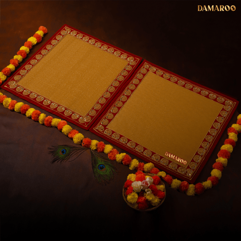 Damaroo Set of 2 | 2x2 ft | Elegant Nylon Pooja Aasan | Red Sequins Border - Golden Husk - 2x2 ft - 24x24 inch