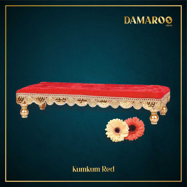 Damaroo 10x4 inch | Bhakti Bliss Small Pooja Chowki / Bajot | Velvety Round Golden Frill - Kumkum Red - 10x4x2 inch