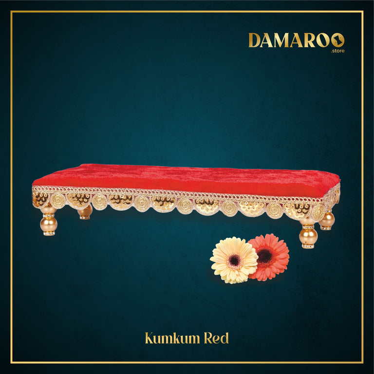 Damaroo 8x4 inch | Bhakti Bliss Small Pooja Chowki / Bajot | Velvety Round Golden Frill - Kumkum Red - 8x4x2 inch