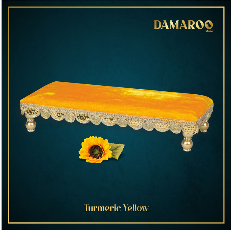 Damaroo 10x4 inch | Bhakti Bliss Small Pooja Chowki / Bajot | Velvety Round Golden Frill - Turmeric Yellow - 10x4x2 inch