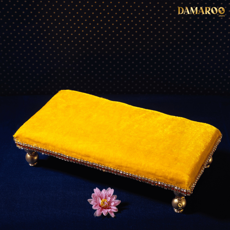 Damaroo 10x4 inch | Divine Harmony Small Pooja Chowki Deity Idol | Glitter of Glass Stones - Turmeric Yellow - 10x4x2 inch