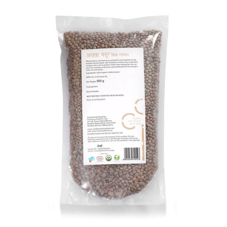 Conscious Food Organic Whole Red Lentil (Masoor Whole) - 500 gm