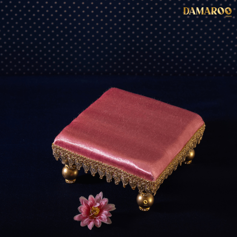 Damaroo 4x4 inch | Silken Splendor Small Pooja Chowki for God | Silk & Golden Frill - Peach - 4x4x2 inch