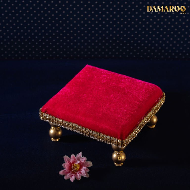 Damaroo 4x4 inch | Divine Harmony Small Pooja Chowki Deity Idol | Glitter of Glass Stones - Pink - 4x4x2 inch