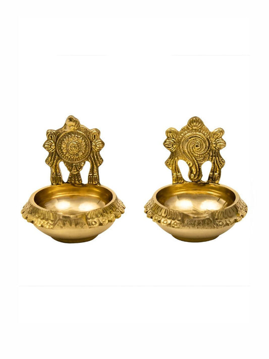 Spillbox Gold-Toned Brass 2 Pieces Shangu Chakra Kuber Diya Pooja Essentials