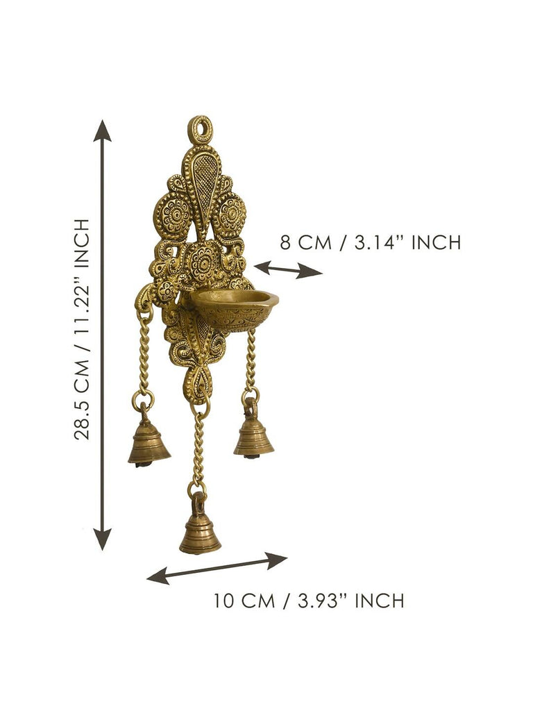 eCraftIndia Gold-Toned Handcrafted Antique Finish Diya with Bells Decorative Wall Hanging Showpiece