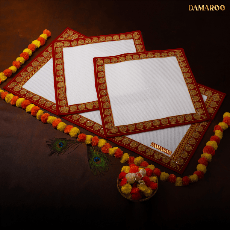 Damaroo Combo Pack of 3 | Elegant Nylon Pooja Aasan & Mat | Red Sequins Border - White - 2x2 ft & 2x4 ft