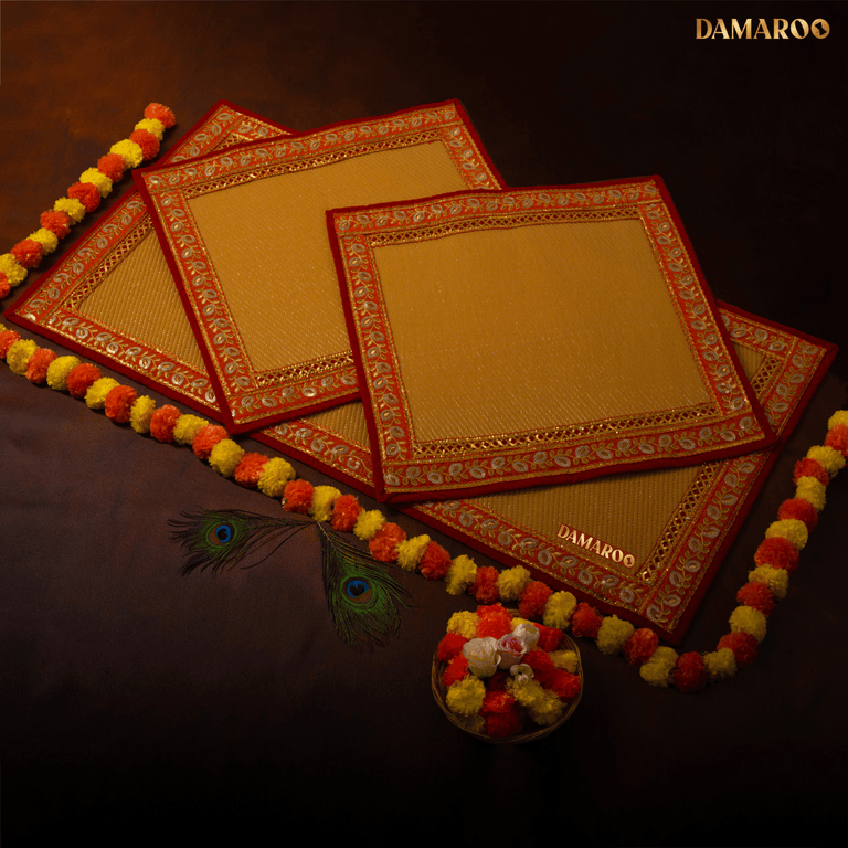 Damaroo Combo Pack of 3 | Opulent Nylon Puja Aasan & Mat | Orange Sequins Border - Golden Husk - 2x2 ft & 2x4 ft