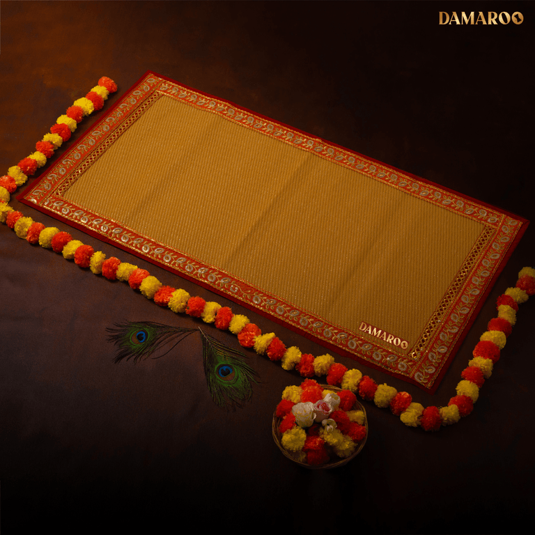 Damaroo 2x4 ft | Opulent Nylon Puja Mat | Orange Sequins Border - Golden Husk - 2x4 ft - 24x48 inch