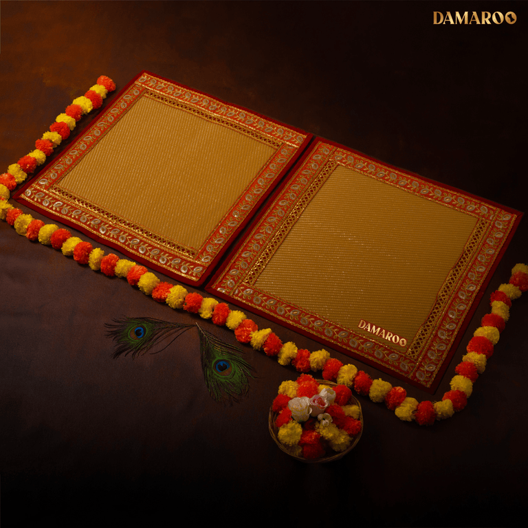 Damaroo Set of 2 | 2x2 ft | Opulent Nylon Puja Aasan Set | Orange Sequins Border - Golden Husk - 2x2 ft - 24x24 inch