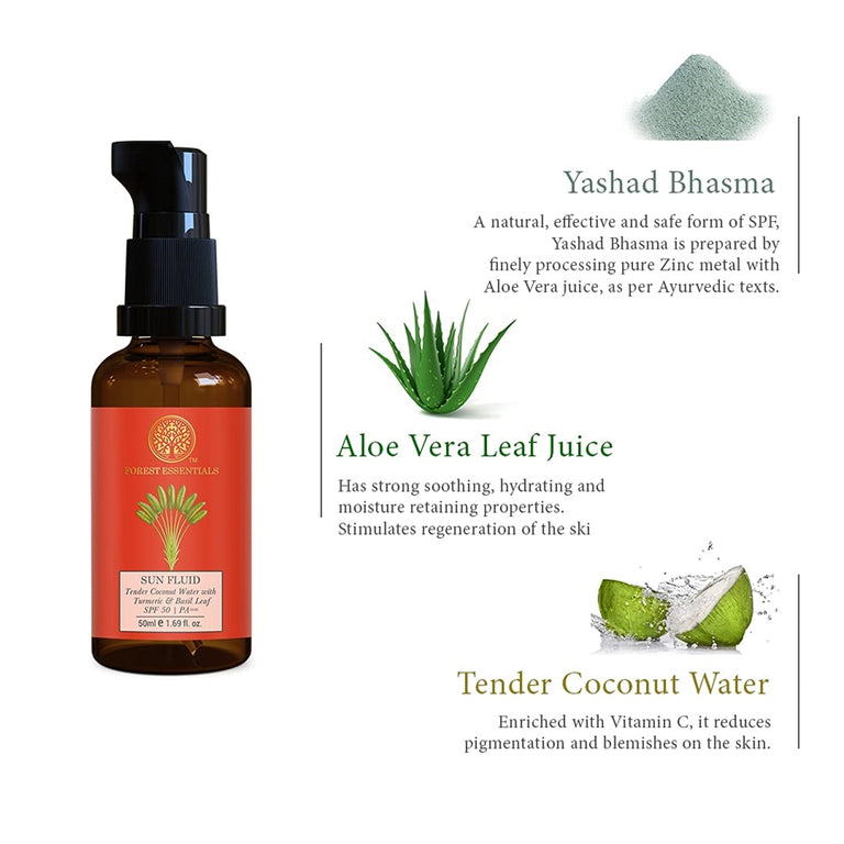 Forest Essentials Sun Fluid Tender Coconut Water with Turmeric & Basil Leaf SPF 50|PA + + - 50 ml