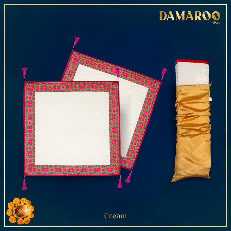 Damaroo Set of 2 | 2x2 ft | Ornate Nylon Aasan | Jacquard Pink Trim & Tassels - Cream - 2x2 ft - 24x24 inch