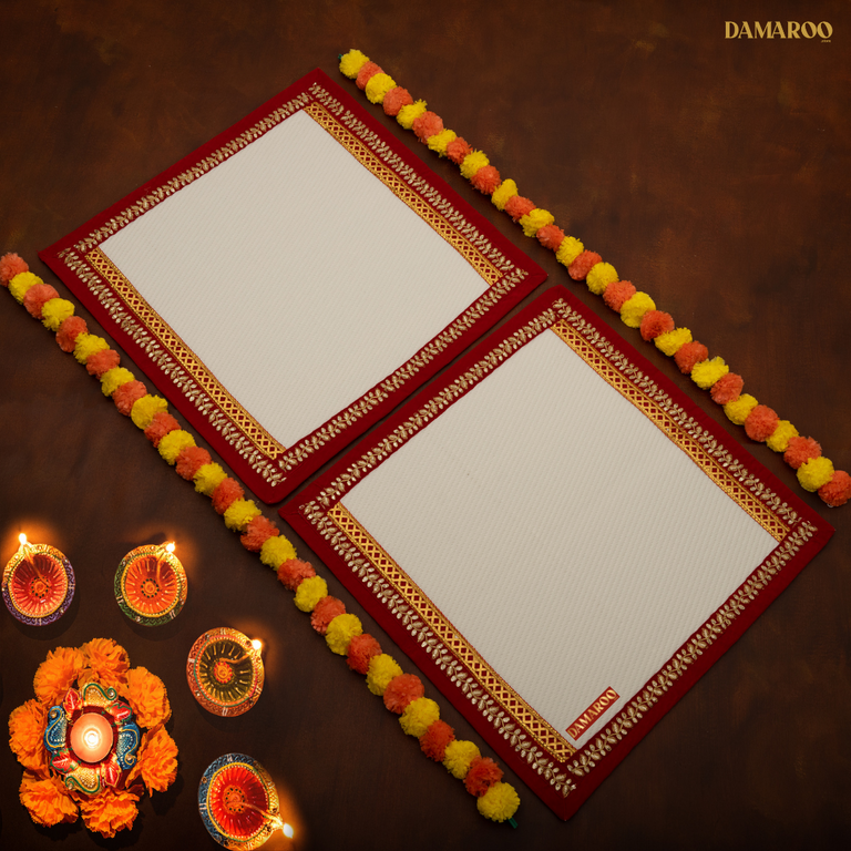 Damaroo Set of 2 | 2x2 ft | Exquisite Nylon Pooja Aasan | Red Sequins Border - Cream - 2x2 ft - 24x24 inch