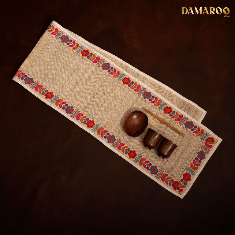 Damaroo 72x12 inch | Beige Banana Fiber Table Runner | Floral Elegance Border - Beige - 72x12 inch