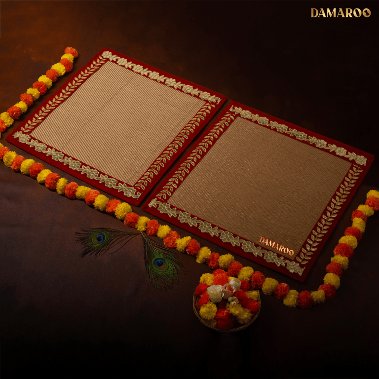 Damaroo Set of 2 | 2x2 ft | Classic Nylon Pooja Aasan | Red Gotapatti Border - Golden - 2x2 ft - 24x24 inch