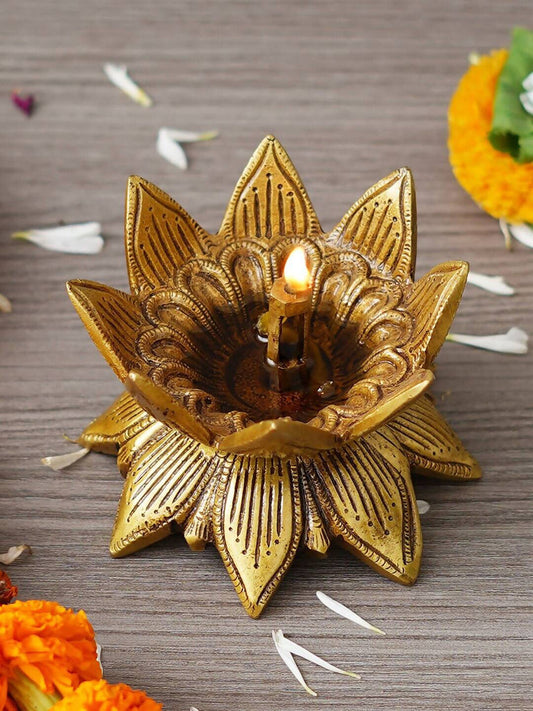 eCraftIndia Gold Toned Lotus Flower Designer Brass Diya