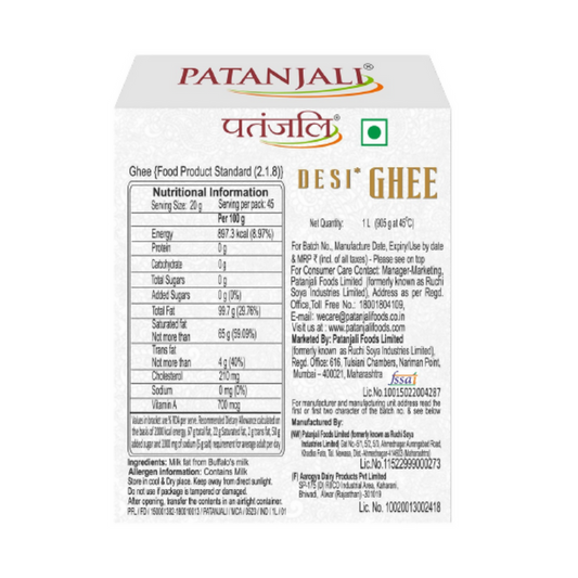 Patanjali Desi Ghee Made From Buffalo Milk | Bilona Ghee | Grass Fed Buffaloes | Murra Buffalo | Haryana Region | Pure & Natural | Nutritional Powerhouse - 500 ml