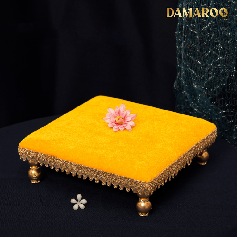 Damaroo 6x6 inch | Chowki / Bajit for Kalash | Velvety Golden Frill - Turmeric Yellow - 6x6x2 inch