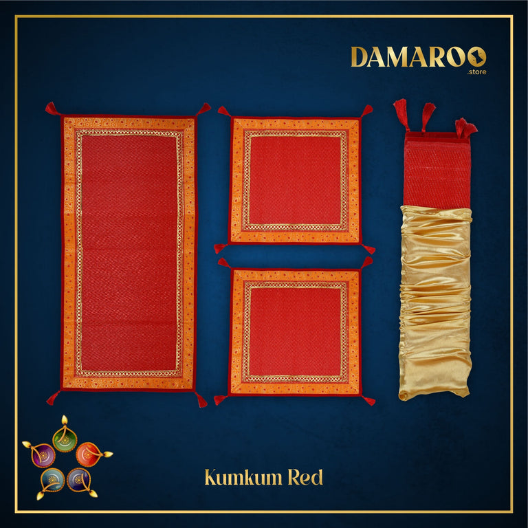 Damaroo Combo Pack of 3 | Pristine Nylon Pooja Aasan & Mat | Kesariya Banarasi Trim & Tassels - Kumkum Red - 2x2 ft & 2x4 ft