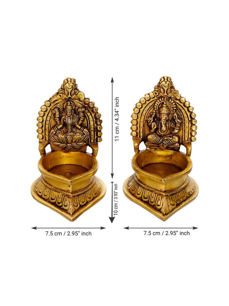 eCraftIndia Set of 2 Gold-Toned Handcrafted Brass Laxmi Ganesha Idol Deepak