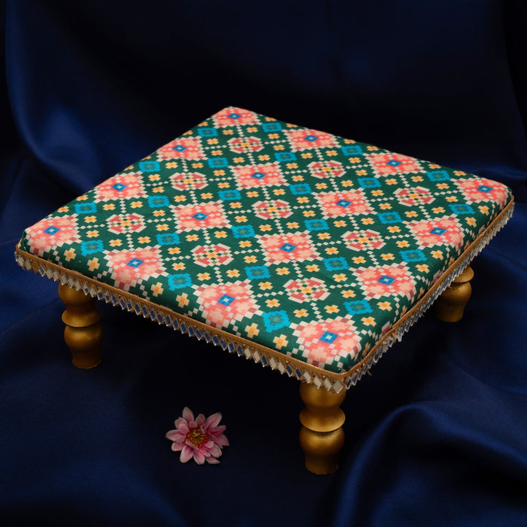 Damaroo 8X8 inch | Mirror Mystic Cushioned Chowki / Bajot | Patola Print - Green - 8x8x3.5 inch