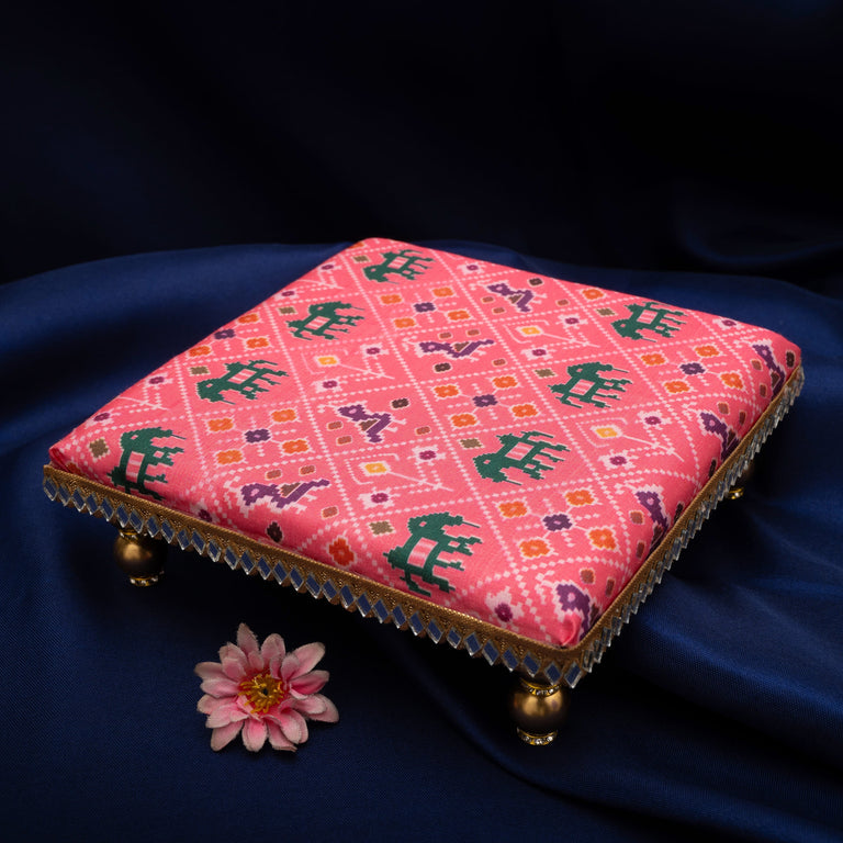 Damaroo 6X6 inch | Mirror Mystic Cushioned Chowki / Bajot | Patola Print - Pink - 6x6x2 inch