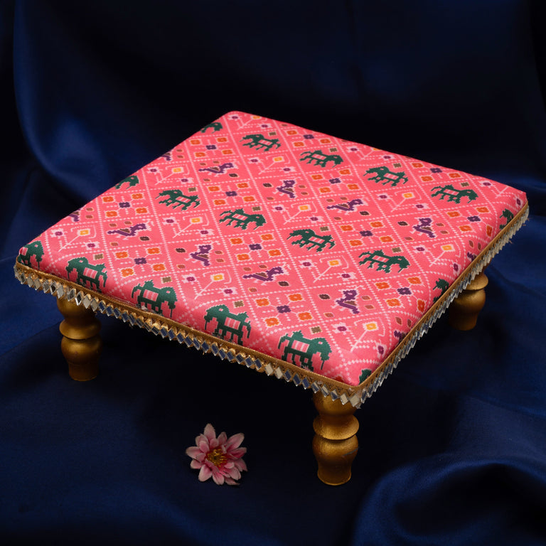 Damaroo 8X8 inch | Mirror Mystic Cushioned Chowki / Bajot | Patola Print - Pink - 8x8x3.5 inch