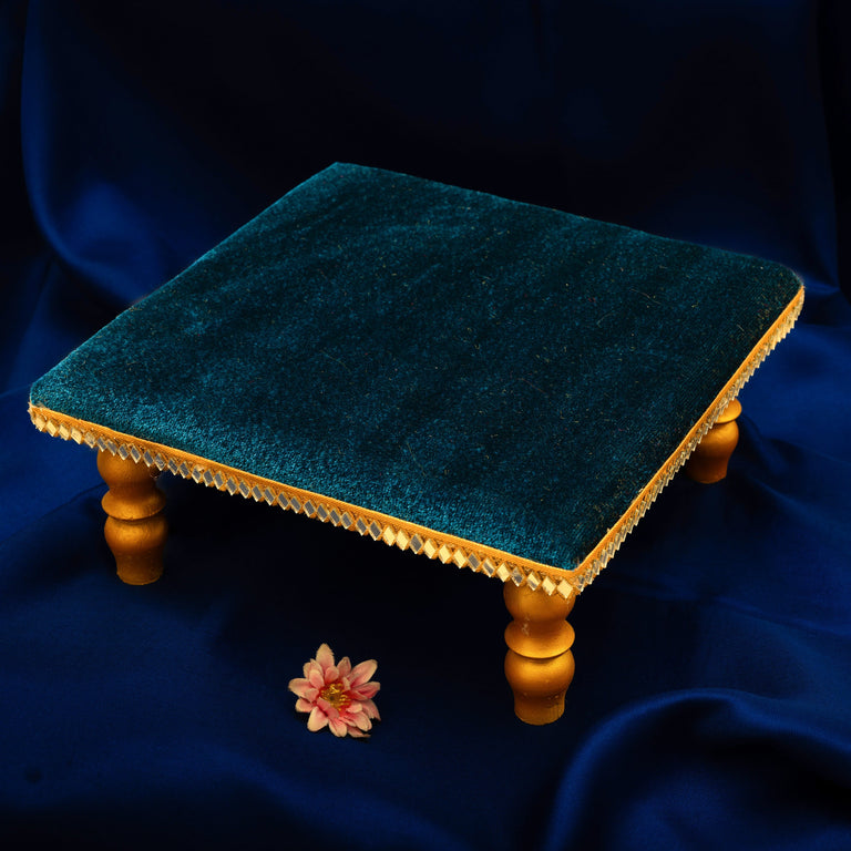Damaroo 8X8 inch | Mirror Mystic Cushioned Chowki / Bajot | Velvety Golden Accent - Peacock Blue - 8x8x3.5 inch