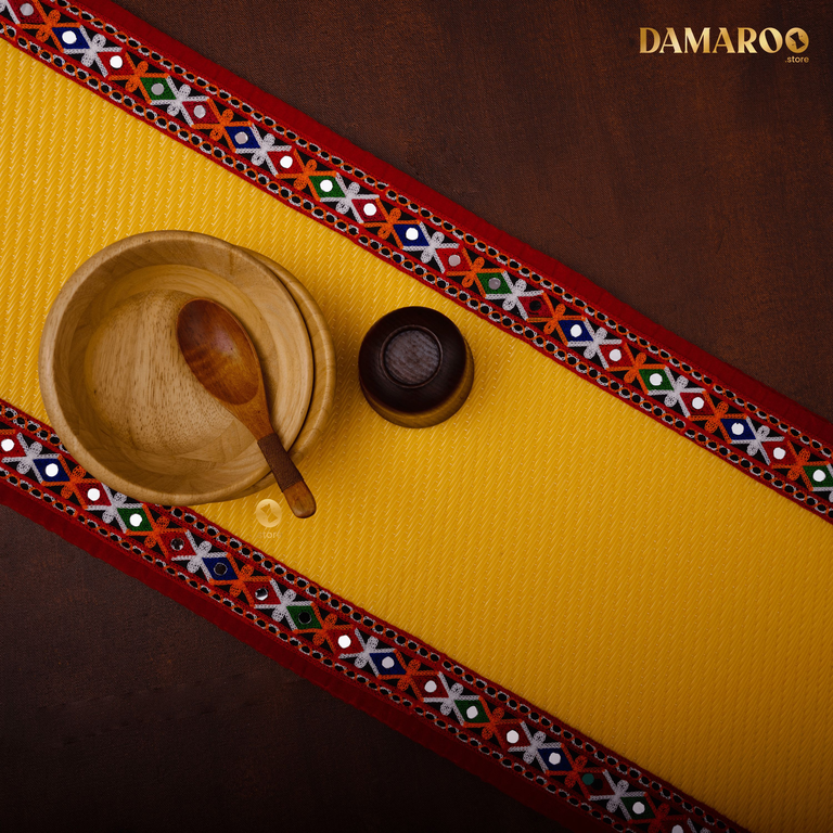 Damaroo 72x12 inch | Beautiful Nylon Table Runner | Embroidery & Mirror Kutchi Border - Mango Yellow - 72x12 inch