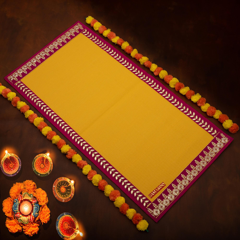Damaroo 2x4 ft | Regal Nylon Pooja Mat | Pink Sequins & Gotapatti Border - Mango Yellow - 2x4 ft - 24x48 inch