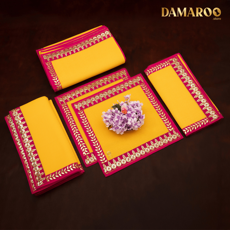 Damaroo Combo Pack of 5 | Regal Nylon Pooja Aasan & Mat | Pink Sequins & Gotapatti Border - Mango Yellow - 2x2 ft, 2x4 ft, 4x6 ft & 6x8 ft