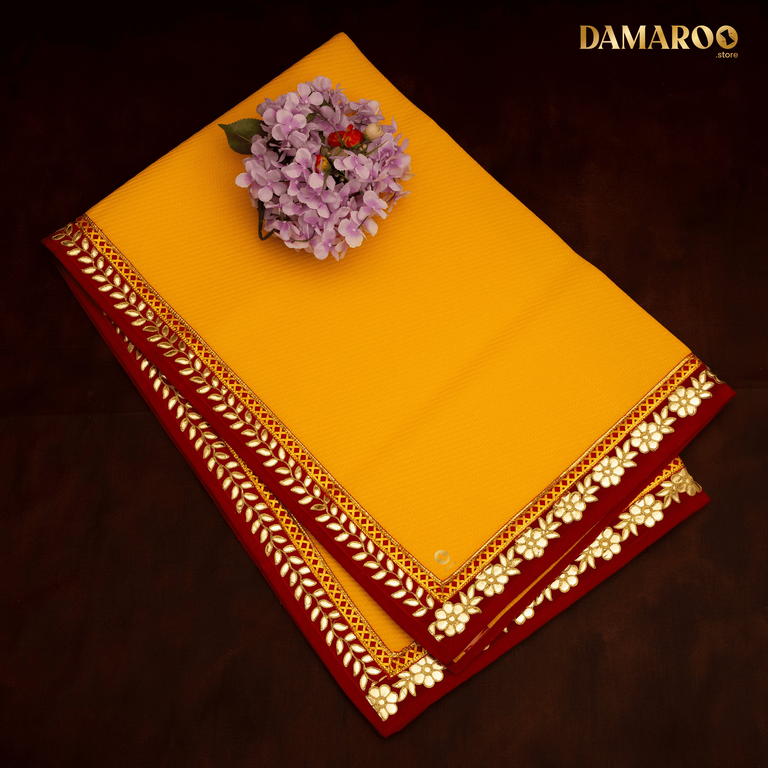 Damaroo 4x6 ft | Classic Nylon Pooja Mat | Red Gotapatti Border - Mango Yellow - 4x6 ft - 48x72 inch