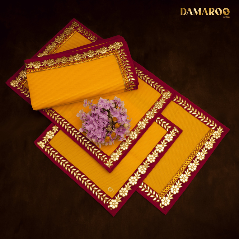 Damaroo Combo Pack of 4 | Classic Nylon Pooja Aasan & Mat | Red Gotapatti Border - Mango Yellow - 2x2 ft, 2x4 ft & 4x6 ft
