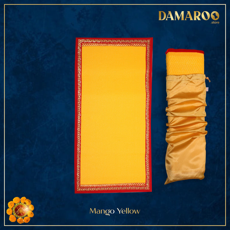 Damaroo 2x4 ft | Exquisite Nylon Pooja Mat | Red Sequins Border - Mango Yellow - 2x4 ft - 24 x 48 inch