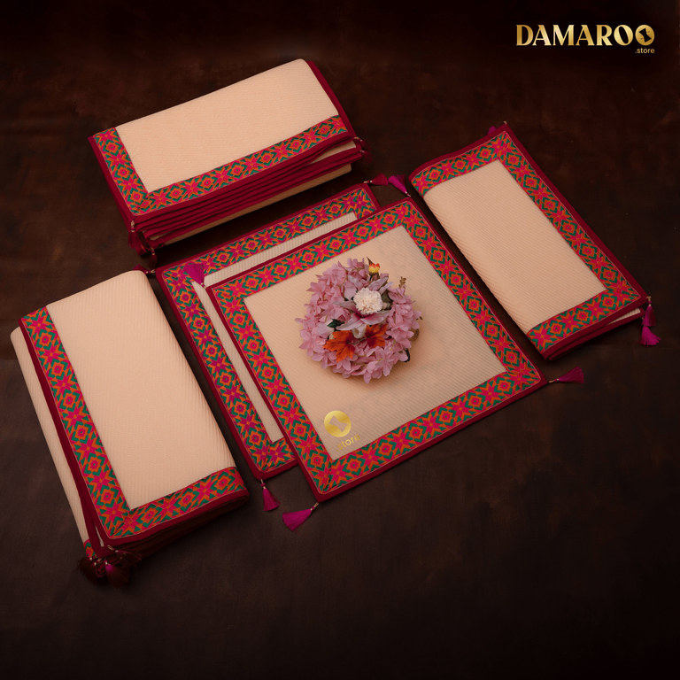 Damaroo Combo Pack of 5 | Ornate Nylon Aasan & Mat | Jacquard Pink Trim & Tassels - Peach - 2x2 ft, 2x4 ft, 4x6 ft & 6x8 ft