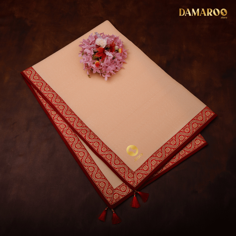 Damaroo 4x6 ft | Graceful Nylon Pooja Mat | Red & Subtle Golden Trim & Tassels - Peach - 4x6 ft - 48x72 inch