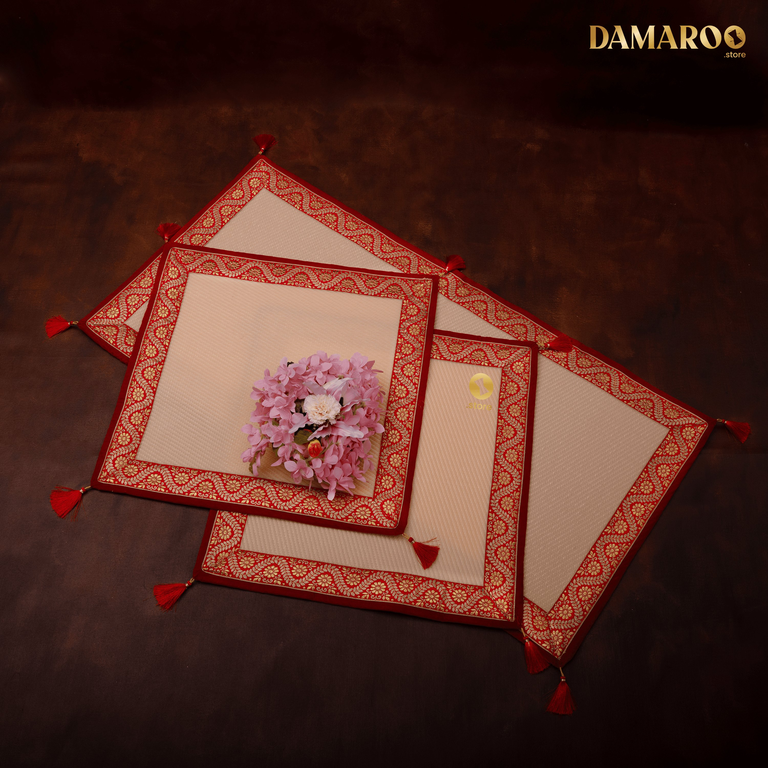 Damaroo Combo Pack of 3 | Graceful Nylon Aasan & Mat | Red & Subtle Golden Trim & Tassels - Peach - 2x2 ft & 2x4 ft