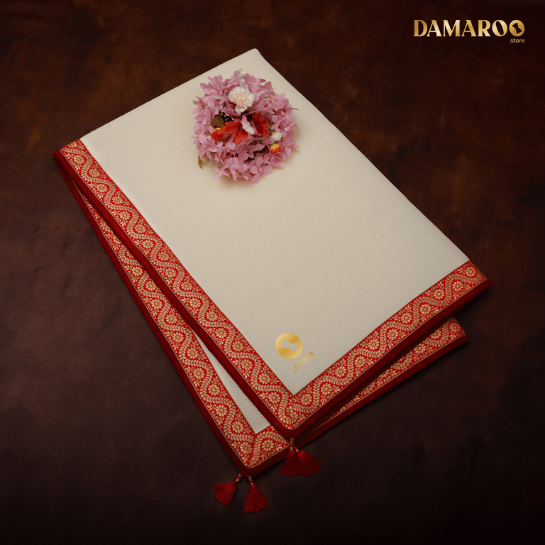 Damaroo 4x6 ft | Graceful Nylon Pooja Mat | Red & Subtle Golden Trim & Tassels - Cream - 4x6 ft - 48x72 inch
