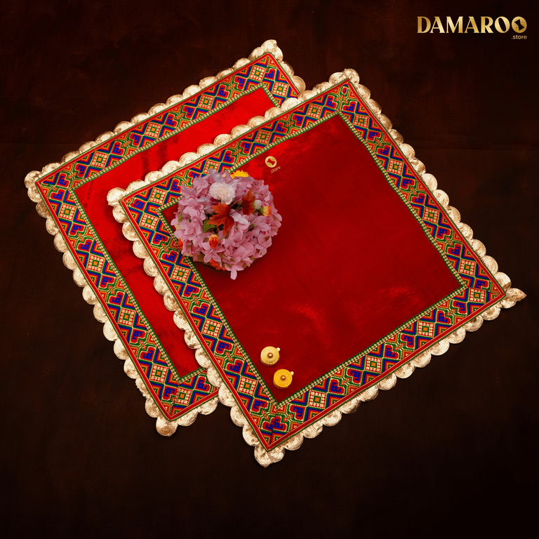 Damaroo Set of 2 | 2x2 ft | Makhmali Magic: Velvety Anti-Skid Pooja Aasan | Jacquard Zari Trim - Kumkum Red - 2x2 ft - 24x24 inch