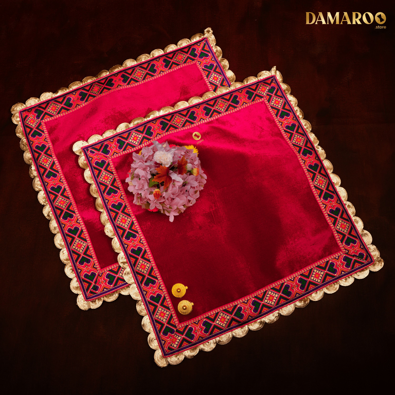 Damaroo Set of 2 | 2x2 ft | Makhmali Magic: Velvety Anti-Skid Pooja Aasan | Jacquard Zari Trim - Pink - 2x2 ft - 24x24 inch