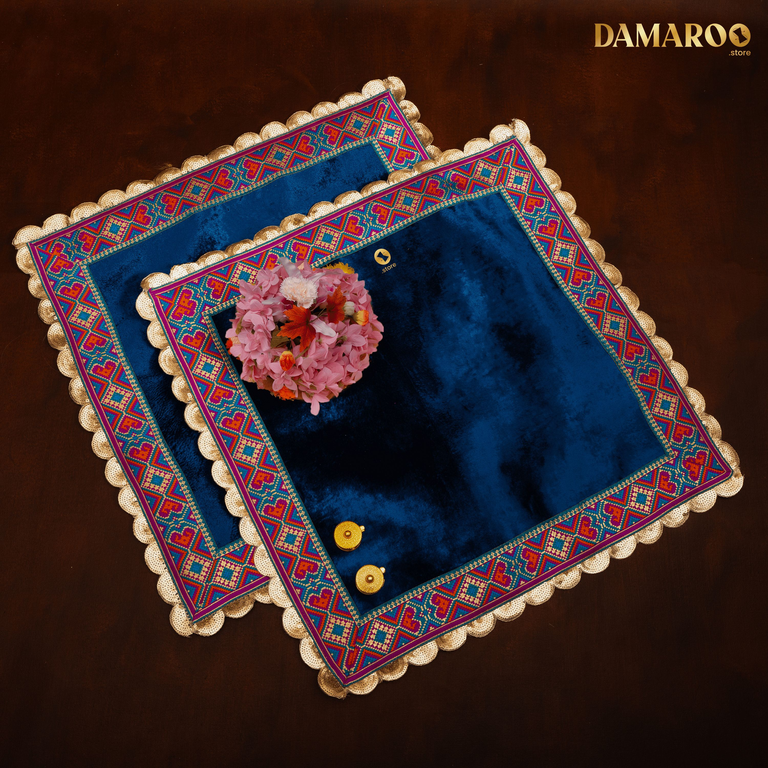 Damaroo Set of 2 | 2x2 ft | Makhmali Magic: Velvety Anti-Skid Pooja Aasan | Jacquard Zari Trim - Peacock Blue - 2x2 ft - 24x24 inch
