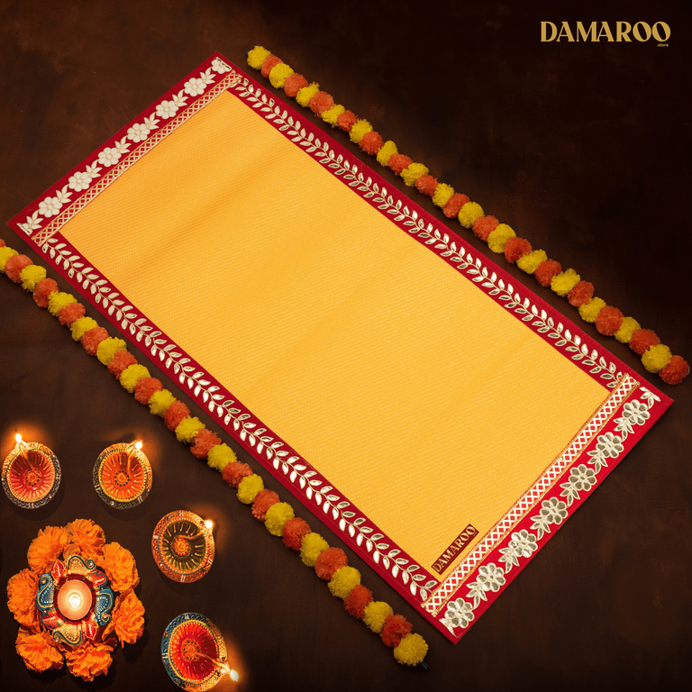 Damaroo 2x4 ft | Classic Nylon Pooja Couple Mat | Red Gotapatti Border - Mango Yellow - 2x4 ft - 24 x 48 inch