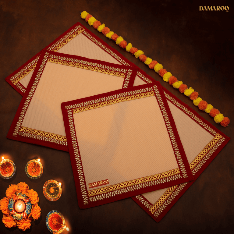 Damaroo Combo Pack of 3 | Exquisite Nylon Aasans & Mat | Red Sequins Border - Peach - 2x2 ft & 2x4 ft