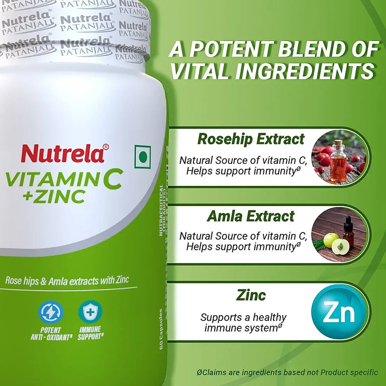 Patanjali Nutrela Natural Vitamin C Plus Zinc Tablets - 60 tabs