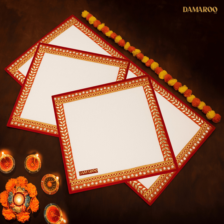 Damaroo Combo Pack of 3 | Majestic Nylon Pooja Aasan & Mat | Orange Sequins & Gotapatti Border - White - 2x2 ft & 2x4 ft