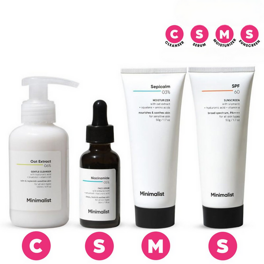 Minimalist Daily Skincare Routine For Sensitive Skin & Damaged Barrier CSMS (Cleanser, Serum, Moisturizer, Sunscreen) Combo - combo