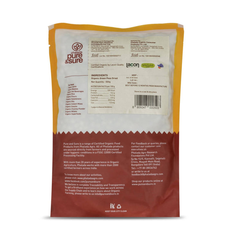 Pure & Sure Green Peas Dried Traditional Organic Pulses - 500 gm