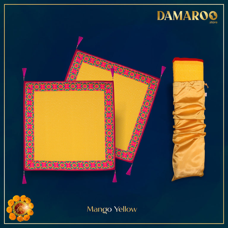 Damaroo Set of 2 | 2x2 ft | Ornate Nylon Aasan | Jacquard Pink Trim & Tassels - Mango Yellow - 2x2 ft - 24x24 inch